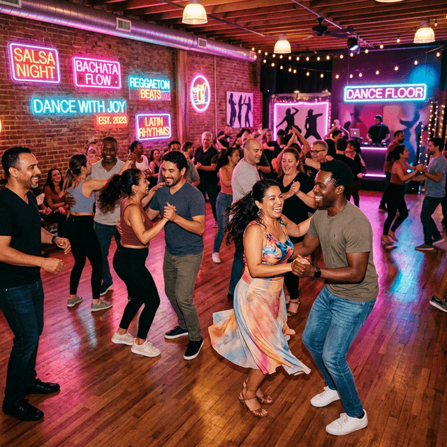 Gente aprendiendo a bailar ritmos latinos